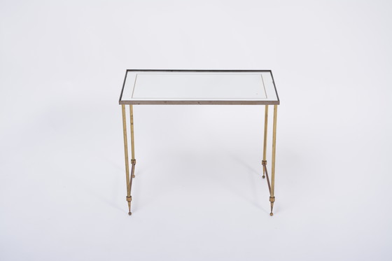 Image 1 of Hollywood Regency Brass and Glass Nesting Tables in the Style of Maison Jansen, Set of 3