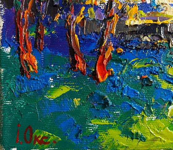 Image 1 of Original Oil Painting Autumn Park Landscape City autumn park