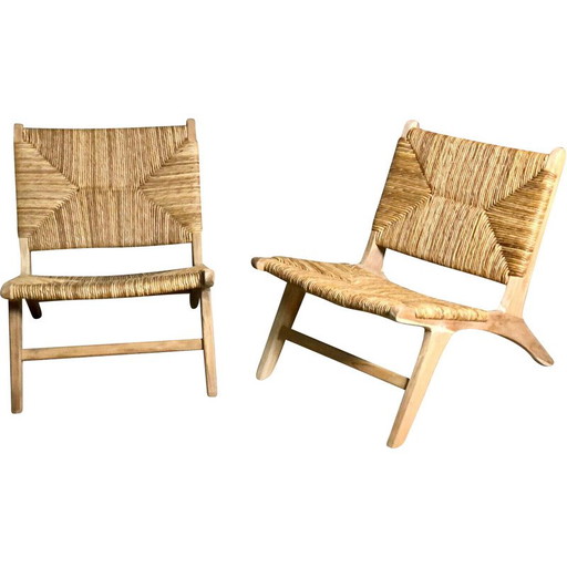 Poltrona bassa vintage in teak grezzo e paglia