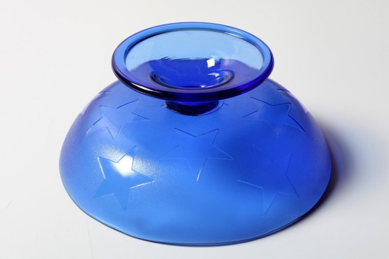 Image 1 of Blue Pressed Glass Pedestal Bowl with Stars Pattern / Italy / 2000s