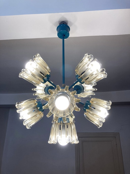 Large 9-light chandelier in molded glass and turquoise metal, Leclaire & Schäfer – 1960s