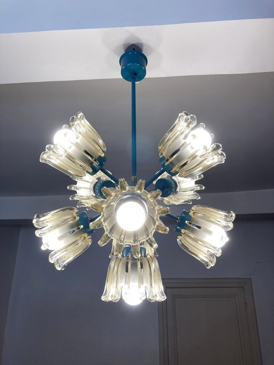 Image 1 of Large 9-light chandelier in molded glass and turquoise metal, Leclaire & Schäfer – 1960s