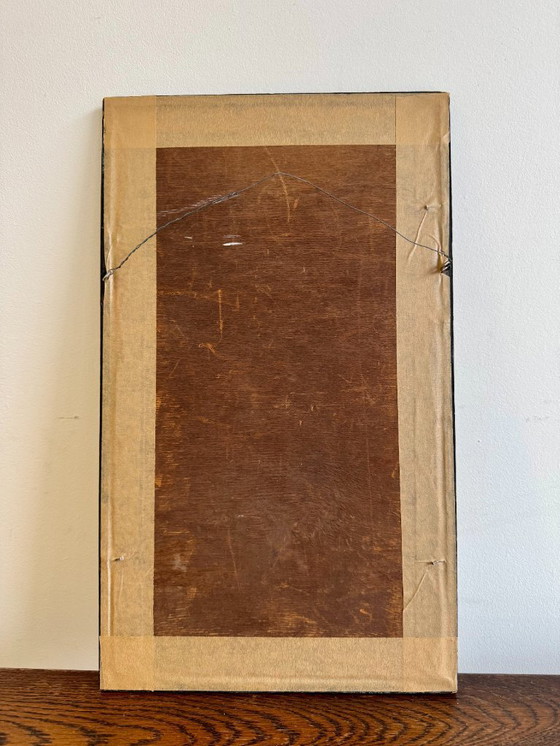 Image 1 of Estampe vintage représentant une fleur de lotus et un palmier, encadrée en noir.