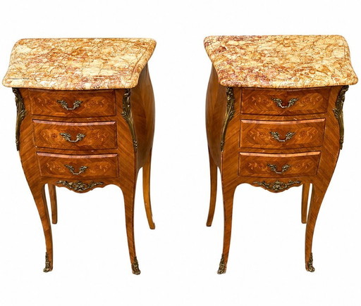 Pair of marquetry bedside tables - veined marble tops - Louis XV style