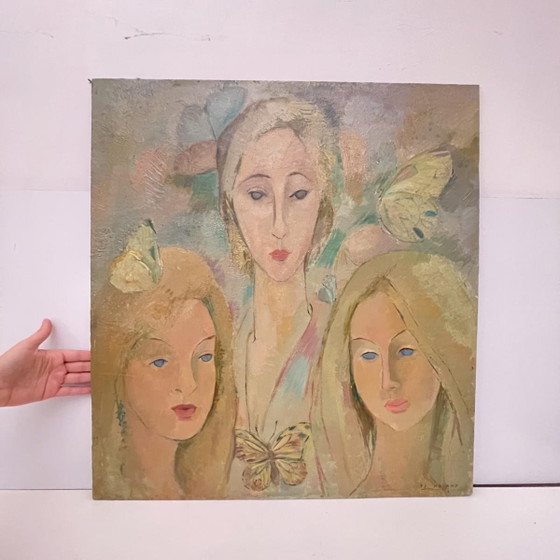 Roland Flory, The Butterflies, 3 Women's Faces, Oil Painting on Panel, 1975 – Paintings & Drawings (photo 2 of 11)