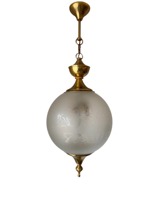 Lampadario a forma di globo inciso e satinato anni '70