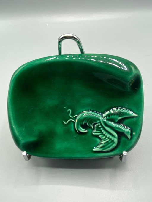 Mid Century Emerald Green Ceramic Ashtray – Embossed Bird – Vallauris Style – servies, Mid Century Modern