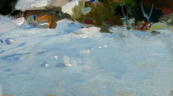 Image 1 of Original Oil Painting Snow Forest Landscape House in the Snow