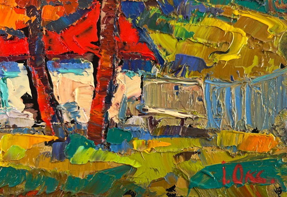 Image 1 of Original Oil Painting Fall Village Landscape Warmth of an autumn day