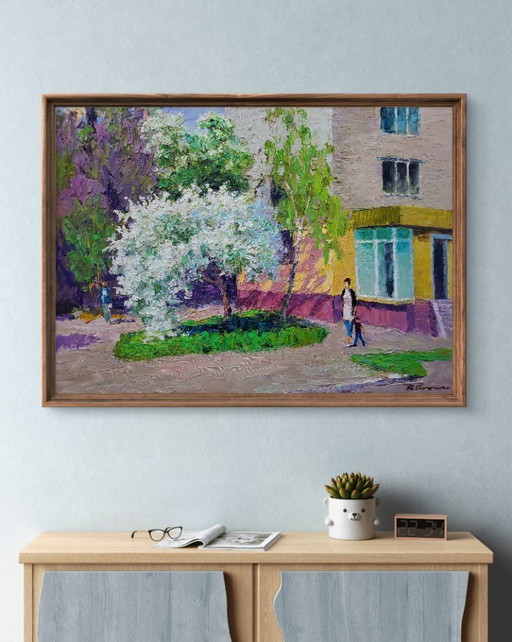 Original Oil Painting City Motif Spring Walk Around the City – schilderijen tekeningen, Canvas (photo 2 of 7)