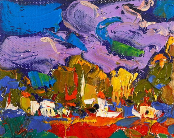 Image 1 of Original Oil Painting Colorful Autumn Landscape Under yellow leaves