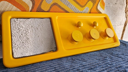 Space Age Wall Panel with Mirror Frame & Hooks – 1970s Italian Design, Yellow Plastic