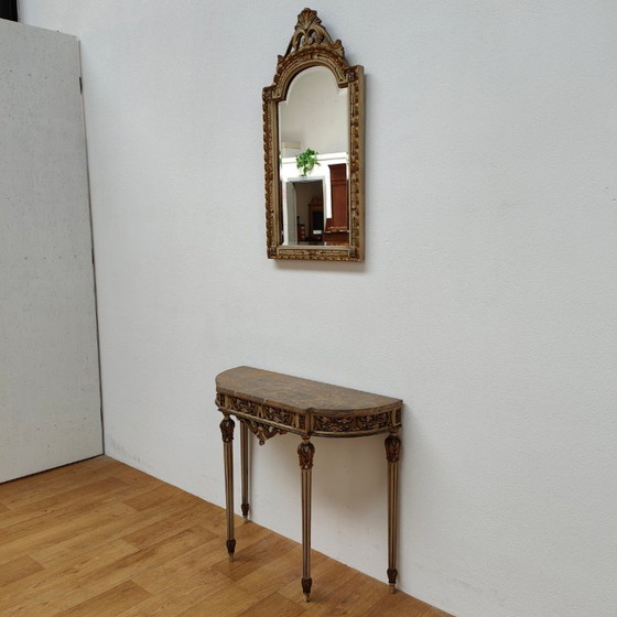 Image 1 of Mesa consola de pared, mesa auxiliar con tapa de mármol y espejo