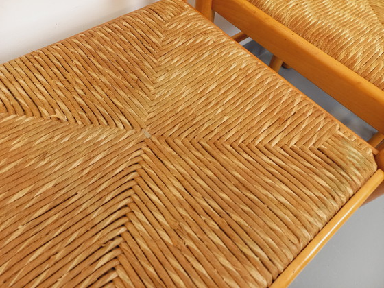 Image 1 of Suite van 4 Vintage Brutalistische stoelen in licht hout en stro uit de jaren 70 en 80