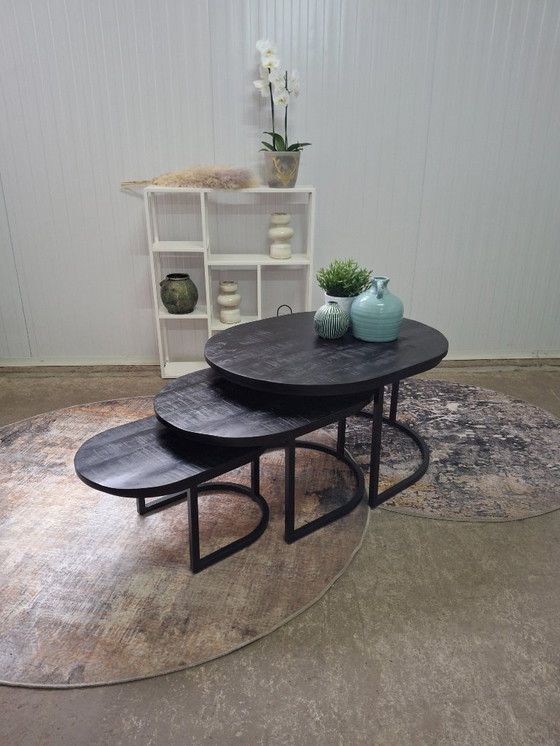 Image 1 of Sturdy oval coffee table set made of mango wood and metal, new