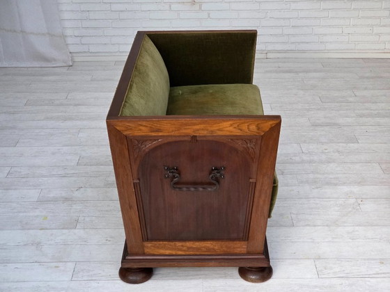 Image 1 of 1950s, Danish 2-seater sofa, original green furniture velour, oak wood.