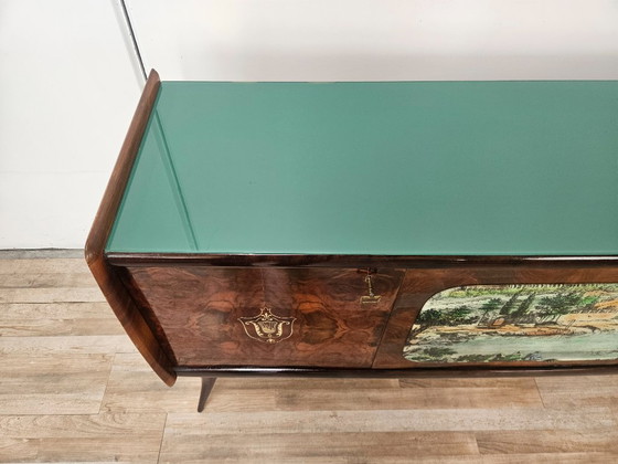 Image 1 of Mid-century mahogany sideboard from the 1950s with aqua green glass and a central bar compartment
