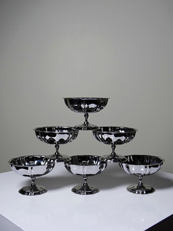 Image 1 of 6 Vintage-style bistro-style stainless steel dessert bowls on feet