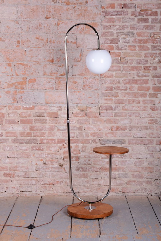 Restored Bauhaus Floor Lamp, by R. Slezák, Oak, Chrome, Czech, 1920s, Floor lights, Glass, Wood, Brown (photo 6 of 11)