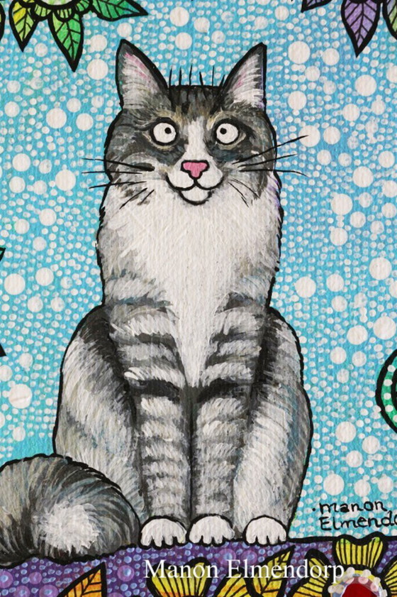 Image 1 of Unique Hand-Painted Small Cat Painting New 18x24 cm