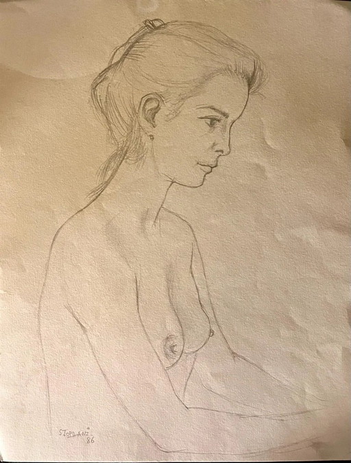 Maurice Stoppani – Ragazza a seno nudo – Disegno originale 1986 – 31x24 cm