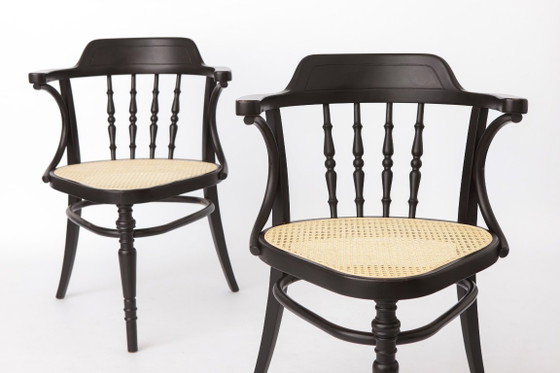 Pair of Bentwood Armchairs, Black Beechwood & Vienna Cane Seats, 1990s Vintage Chairs, Mid-Century Style (photo 2 of 12)