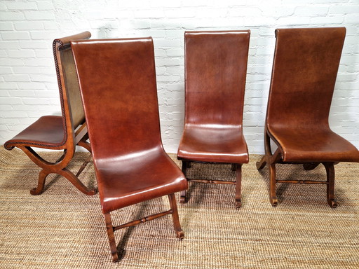 4x Pierre Lottier Valmazan Chaises longues en cuir et chêne Espagnol