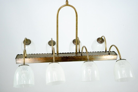 Image 1 of Kroonluchter van Venini Reticello-glas uit het midden van de 20e eeuw, met 8 armen, Murano, Italië, jaren 1940.