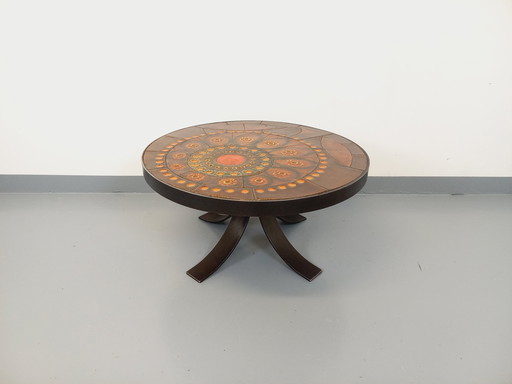 Table Basse Ronde Vintage des Années 60 70 de Raymond Corroyez en Céramique et Acier