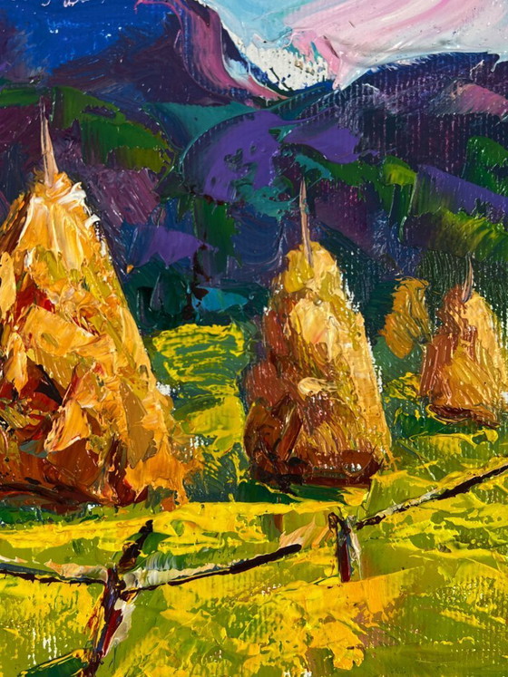 Image 1 of Original Oil Painting Nature Landscape Hills Mowed Hay in the Field