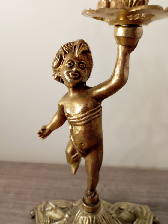 Image 1 of Candélabres baroque en laiton massif style baroque Louis xv chérubin putti 