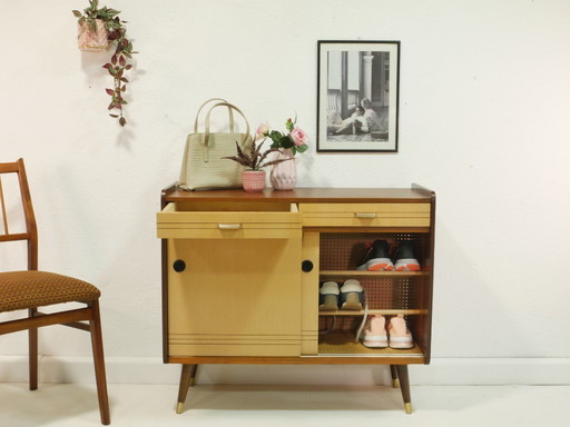 Vintage 1960s shoe cabinet, mid-century shoe chest, mahogany & birch, sliding doors, Germany