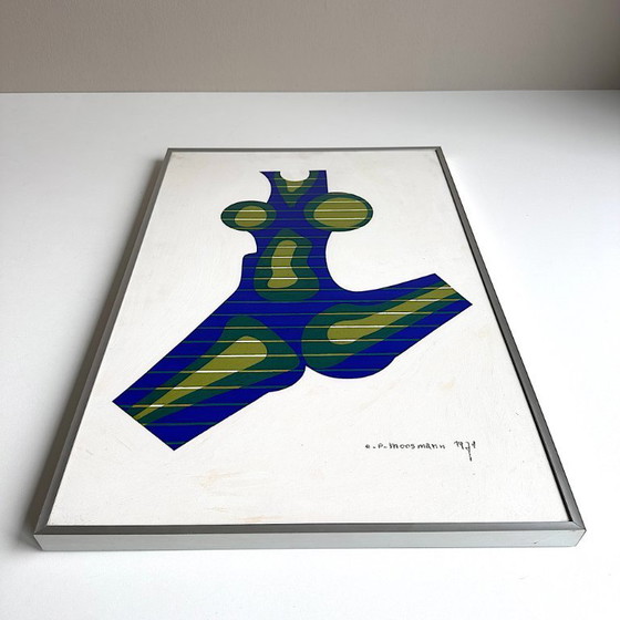 Image 1 of Vintage painting. Egon Peter Moosmann. Female torso. Op Art. 1970s. Hand-signed. Dated. Mid-Century Modern.