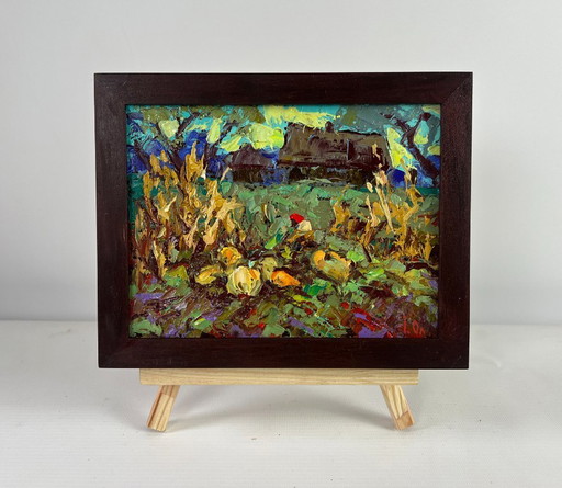 Original Oil Painting Evening Village Landscape The land that gives generosity