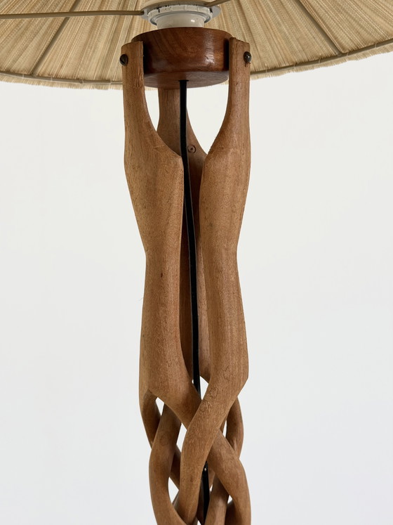 Image 1 of Sculptural hand-carved table lamp made of solid teak wood