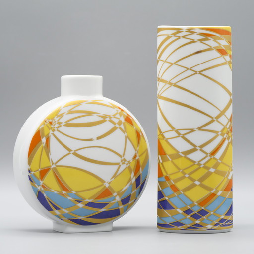 Op-Art Porcelain Vase Duo Krautheim Porzellan Selb Bavaria 1970s Retro Gold 