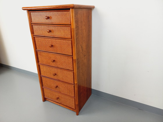 Image 1 of Commode Chiffonnier Semainier Vintage en Rotin, Bois et Cannage des Années 70