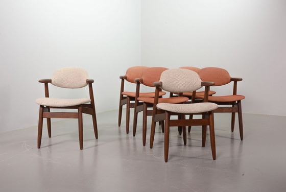 Image 1 of Authentic Cowhorn Tijsseling Dining Chairs with the Original Fabric Upholstery by Hulmefa. Set of 6. The Netherlands, 1960s.