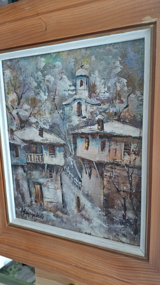 Image 1 of  A. Koyarova (1996) – Winters dorpsgezicht Bozhentsi – Olieverf op linnen