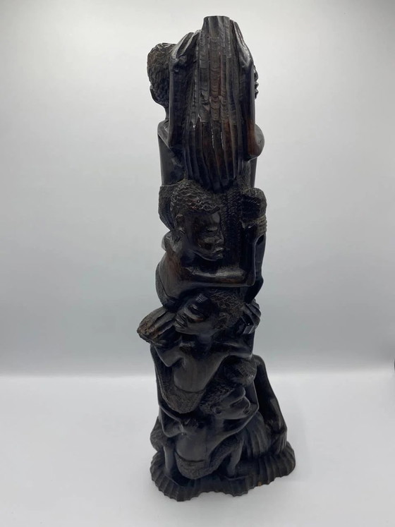 African solid wood sculpture - Column of stacked human figures - Upward movement - 41 cm (photo 5 of 5)