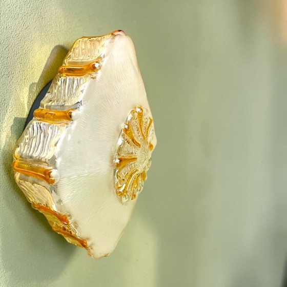 Image 1 of Plafonnier ou applique murale carrée encastrée en verre de Murano clair et ambré