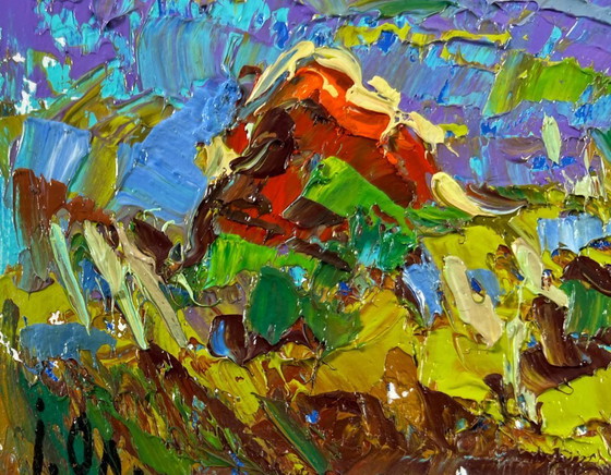 Image 1 of Original Oil Painting Summer Field Landscape Edge of the Village
