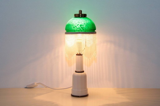 Table lamp with glass shade, glass beads, porcelain, 43cm, 1970s vintage