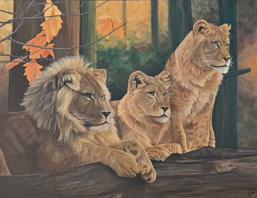 Large handmade acrylic painting of lions "Lion's Harmony"