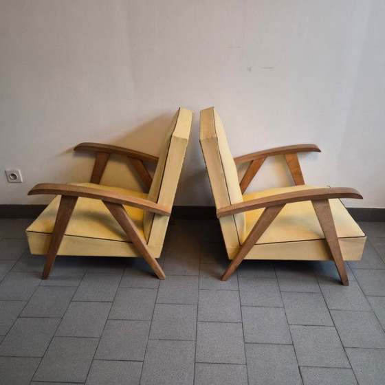Image 1 of Pair of Vintage 1950s Armchairs with Compass Legs, Beech & Yellow Vinyl, 50s Rockabilly Style