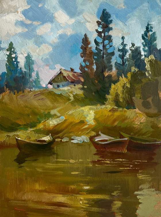 Image 1 of Original Oil Painting Coastal Lake Landscape Silence in nature near the lake