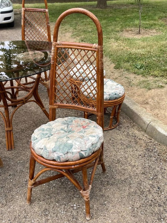 Image 1 of Set da pranzo vintage in rattan e vimini con tavolo in vetro, 4 sedie e 4 sgabelli