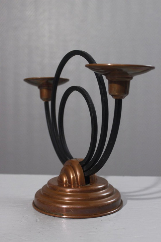 Image 1 of Portacandele modernista in rame e ferro, Villedieu, Francia, anni '30, Art Déco