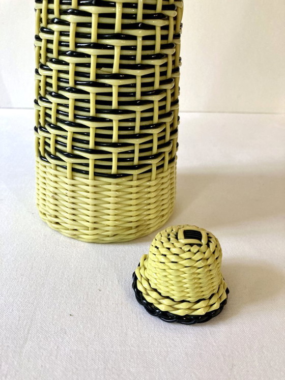 Image 1 of Large yellow and black scoubidou bottle, 1960s