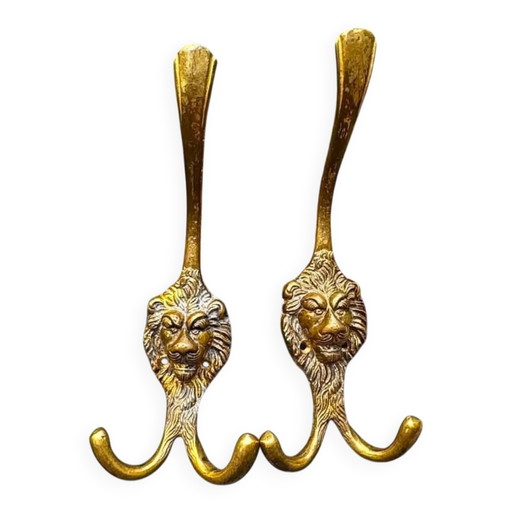2 Löwen-Garderobenhaken aus massivem Messing Jugendstil